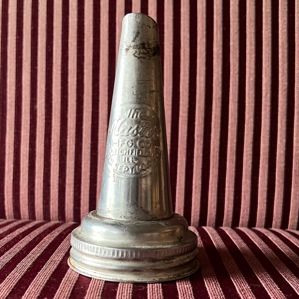 Antique, THE MASTER 1920 motor oil, metal spout funnel